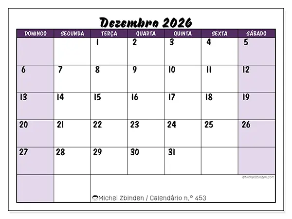Calendário de dezembro de 2026 para imprimir - Eficiência colorida - Semana: de domingo a sábado