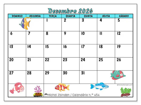 Calendário de dezembro de 2026 para imprimir - Peixes coloridos - Semana: de domingo a sábado