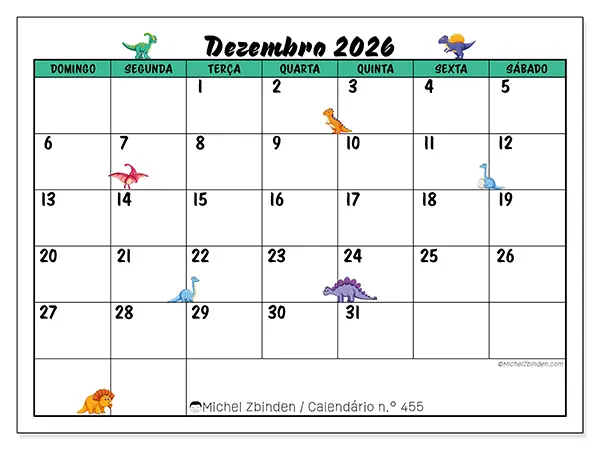 Calendário de dezembro de 2026 para imprimir - Pequenos dinossauros - Semana: de domingo a sábado