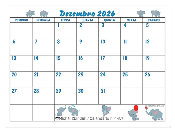 Calendário de dezembro de 2026 para imprimir - Pequenos elefantes - Semana: de domingo a sábado