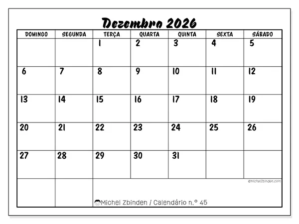 Calendário de dezembro de 2026 para imprimir - Sucesso escolar - Semana: de domingo a sábado