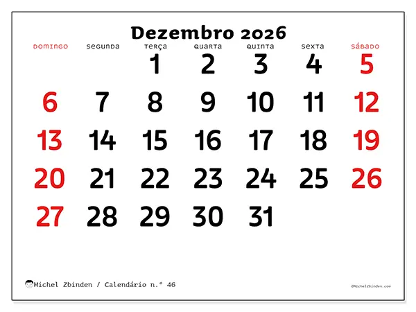 Calendário de dezembro de 2026 para imprimir - Visão clara - Semana: de domingo a sábado