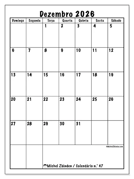 Calendário de dezembro de 2026 para imprimir - Planeamento eficiente - Semana: de domingo a sábado
