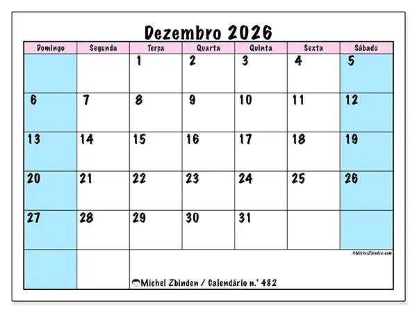 Calendário de dezembro de 2026 para imprimir - Horário de equipa - Semana: de domingo a sábado