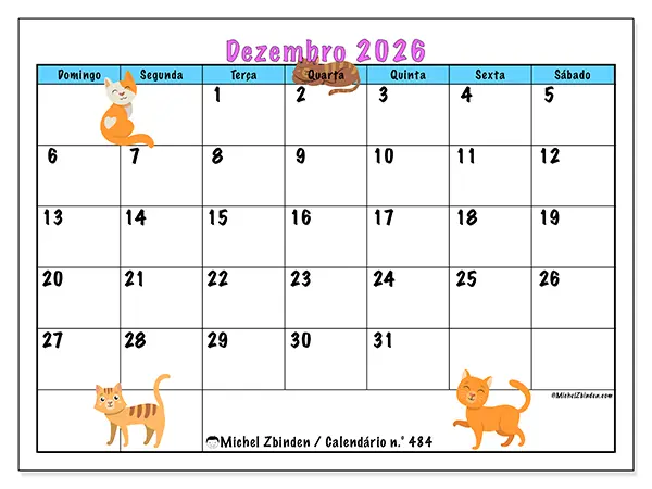 Calendário de dezembro de 2026 para imprimir - Amor pelos gatos - Semana: de domingo a sábado