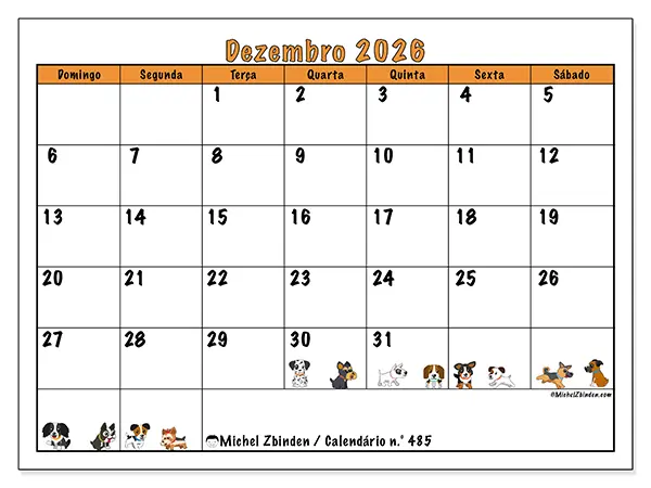Calendário de dezembro de 2026 para imprimir - Cães entusiasmados - Semana: de domingo a sábado