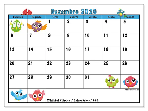 Calendário de dezembro de 2026 para imprimir - Pássaros divertidos - Semana: de domingo a sábado