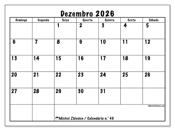 Calendário de dezembro de 2026 para imprimir - Eficiência diária - Semana: de domingo a sábado