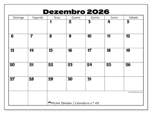 Calendário de dezembro de 2026 para imprimir - Coordenação produtiva - Semana: de domingo a sábado