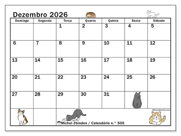 Calendário de dezembro de 2026 para imprimir - Vida de gato - Semana: de domingo a sábado