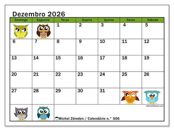Calendário de dezembro de 2026 para imprimir - Corujas divertidas - Semana: de domingo a sábado