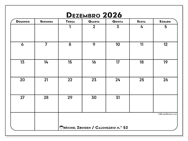 Calendário de dezembro de 2026 para imprimir - Organização profissional - Semana: de domingo a sábado