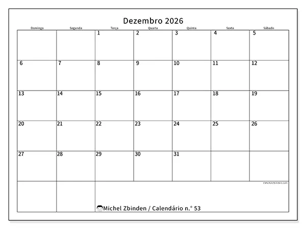 Calendário de dezembro de 2026 para imprimir - Horário eficiente - Semana: de domingo a sábado