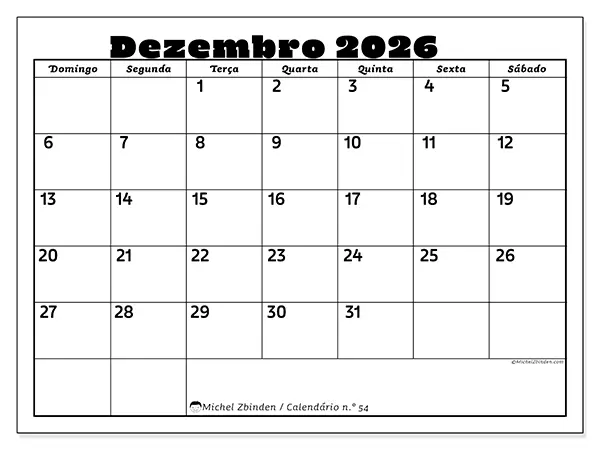 Calendário de dezembro de 2026 para imprimir - Atividades em família - Semana: de domingo a sábado