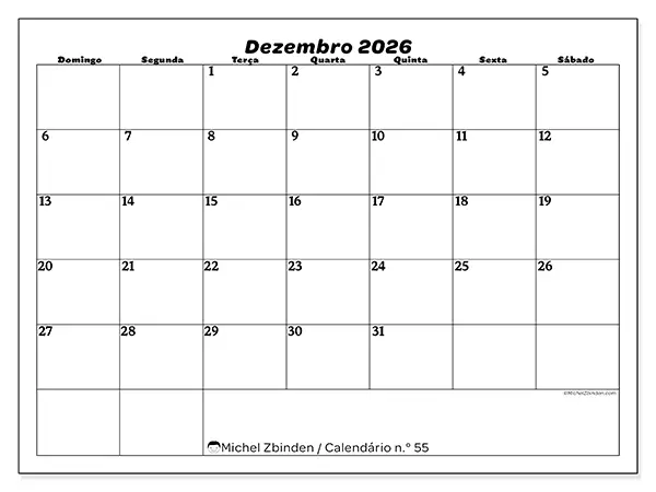 Calendário de dezembro de 2026 para imprimir - Organização do lazer - Semana: de domingo a sábado