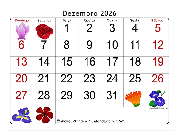 Calendário de dezembro de 2026 para imprimir - Flores grandes - Semana: de domingo a sábado