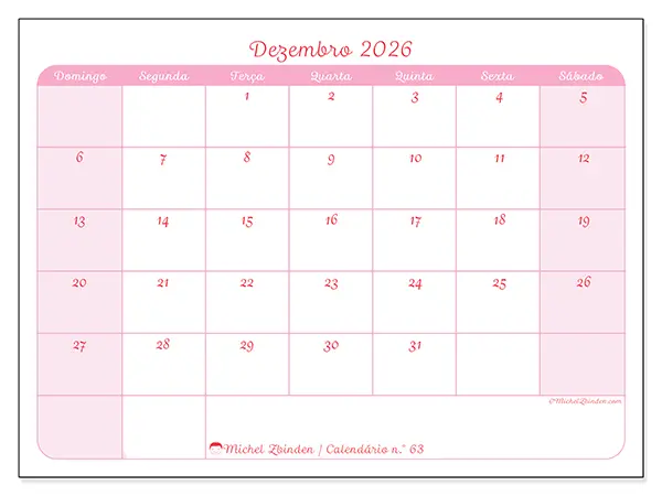 Calendário de dezembro de 2026 para imprimir - Organização suave - Semana: de domingo a sábado