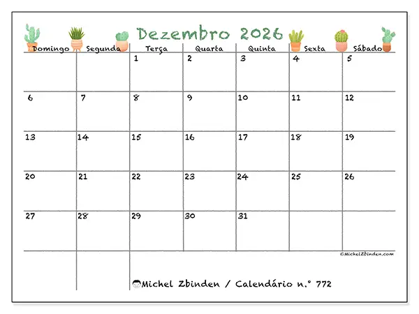 Calendário de dezembro de 2026 para imprimir - Cactos decorativos - Semana: de domingo a sábado