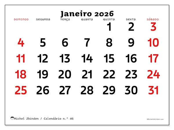 Calendário de janeiro de 2026 para imprimir, modelo nº 46 | Michel Zbinden