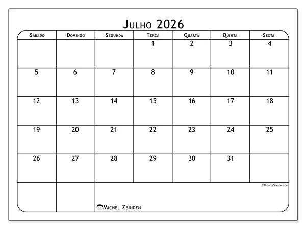 Calendário de julho de 2026 para imprimir - Paixão pelo futebol - Semana: de domingo a sábado
