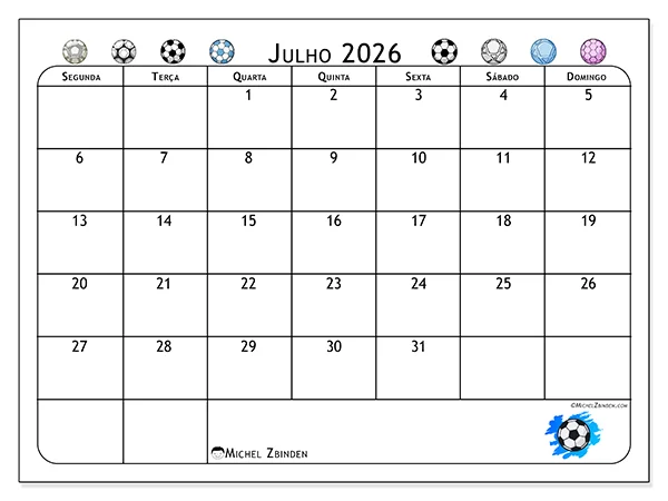 Calendário de julho de 2026 para imprimir - Paixão pelo futebol