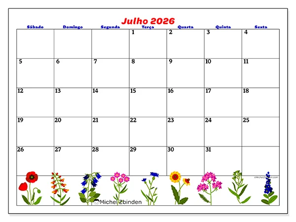 Calendário de julho de 2026 para imprimir - Flores de julho - Semana: de domingo a sábado