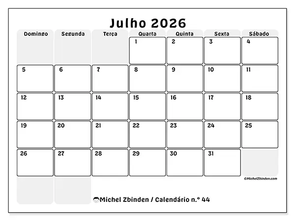 Calendário de julho de 2026 para imprimir - Planeamento estruturado - Semana: de domingo a sábado