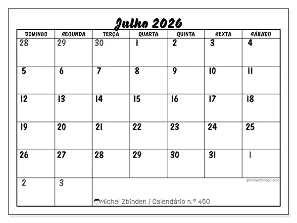 Calendário de julho de 2026 para imprimir - Organização detalhada - Semana: de domingo a sábado