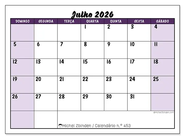 Calendário de julho de 2026 para imprimir - Eficiência colorida - Semana: de domingo a sábado