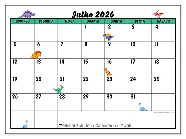 Calendário de julho de 2026 para imprimir - Pequenos dinossauros - Semana: de domingo a sábado