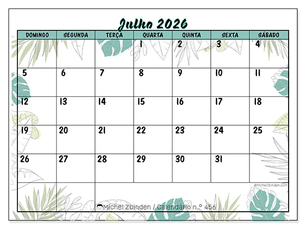 Calendário de julho de 2026 para imprimir - Natureza e jardim - Semana: de domingo a sábado