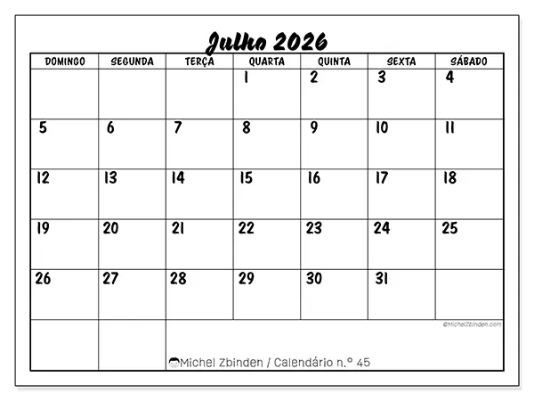 Calendário de julho de 2026 para imprimir - Sucesso escolar - Semana: de domingo a sábado