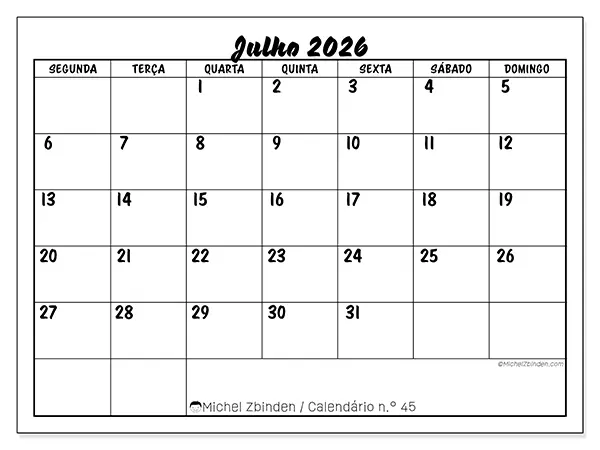 Calendário de julho de 2026 para imprimir - Sucesso escolar