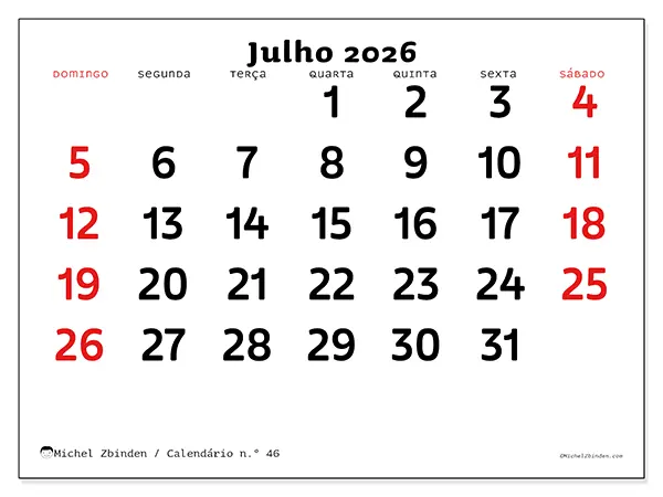 Calendário de julho de 2026 para imprimir - Visão clara - Semana: de domingo a sábado