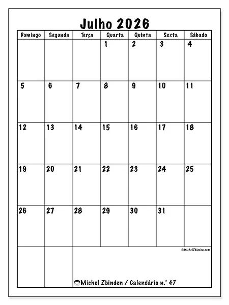 Calendário de julho de 2026 para imprimir - Planeamento eficiente - Semana: de domingo a sábado