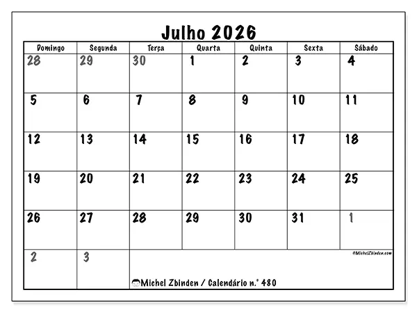 Calendário de julho de 2026 para imprimir - Planeamento completo - Semana: de domingo a sábado