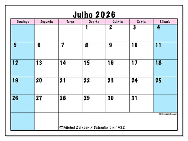 Calendário de julho de 2026 para imprimir - Horário de equipa - Semana de domingo a sábado