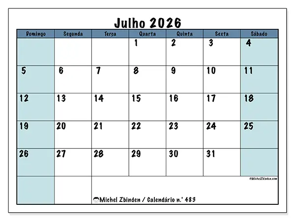 Calendário de julho de 2026 para imprimir - Estrutura para a escola - Semana: de domingo a sábado