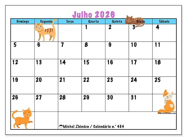 Calendário de julho de 2026 para imprimir - Amor pelos gatos - Semana: de domingo a sábado
