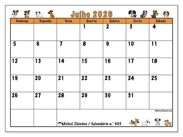 Calendário de julho de 2026 para imprimir - Cães entusiasmados - Semana: de domingo a sábado