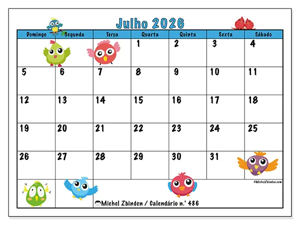 Calendário de julho de 2026 para imprimir - Pássaros divertidos - Semana: de domingo a sábado