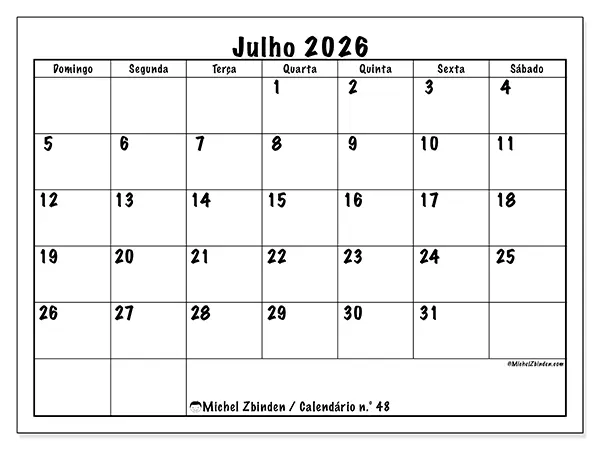 Calendário de julho de 2026 para imprimir - Eficiência diária - Semana: de domingo a sábado