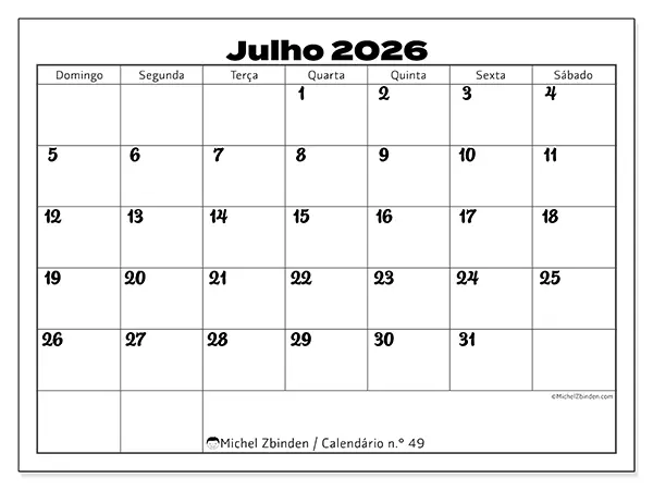 Calendário de julho de 2026 para imprimir - Coordenação produtiva - Semana: de domingo a sábado