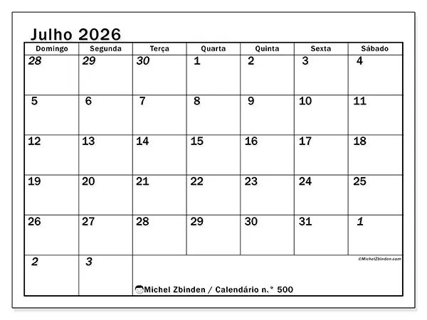 Calendário de julho de 2026 para imprimir - Planeamento intensivo - Semana: de domingo a sábado