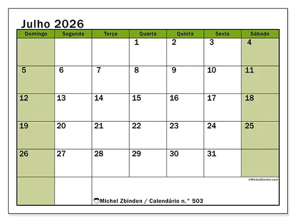 Calendário de julho de 2026 para imprimir - Organização viva - Semana: de domingo a sábado
