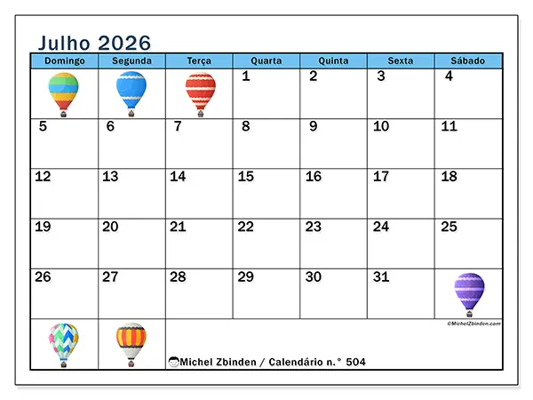 Calendário de julho de 2026 para imprimir - Balões de ar quente - Semana: de domingo a sábado