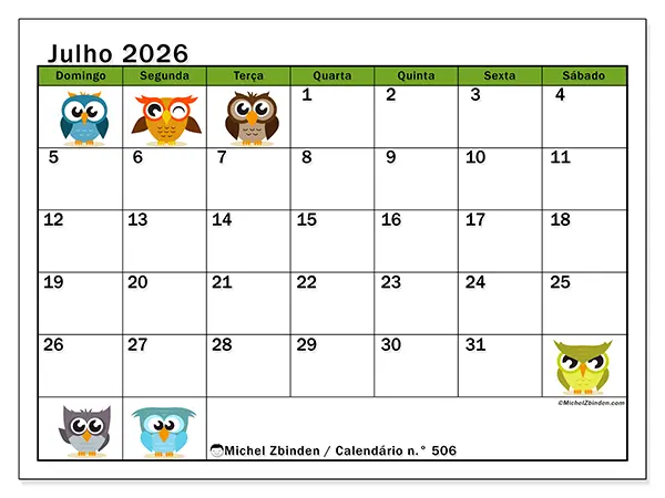 Calendário de julho de 2026 para imprimir - Corujas divertidas - Semana: de domingo a sábado