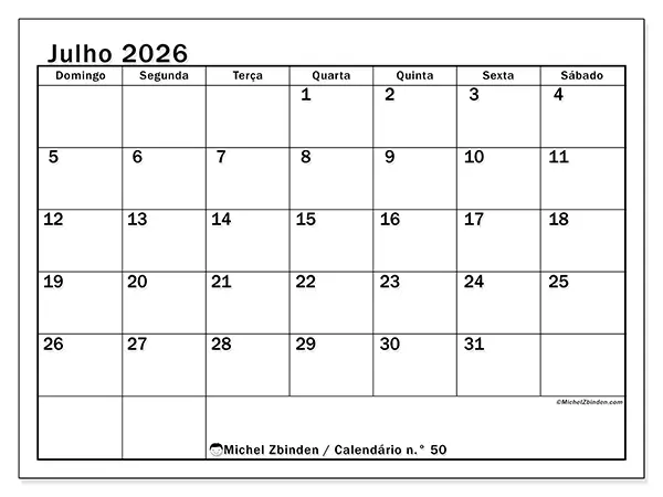 Calendário de julho de 2026 para imprimir - Planeamento ideal - Semana: de domingo a sábado