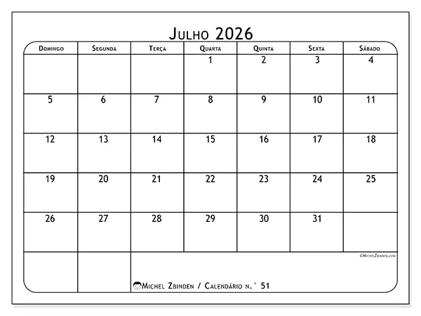 Calendário de julho de 2026 para imprimir - Planeador de refeições - Semana: de domingo a sábado