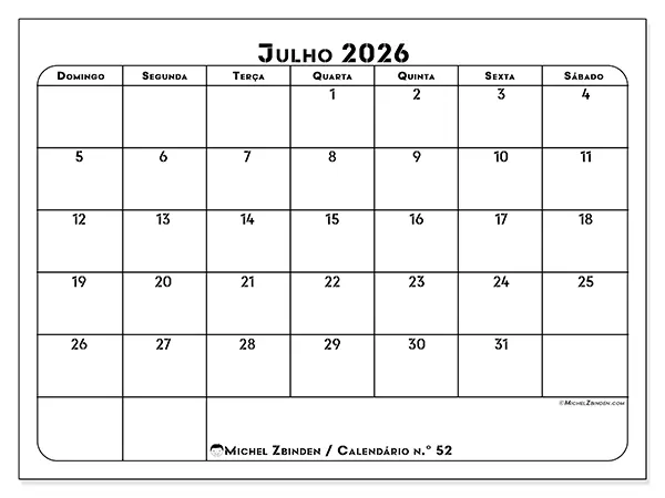 Calendário de julho de 2026 para imprimir - Organização profissional - Semana: de domingo a sábado